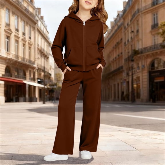 Angala 2 Piece Outfits For Girls Hooded Long Sleeve Sweatshirt With Wide Leg Pants Set Girls Fall Season Wear Clothes