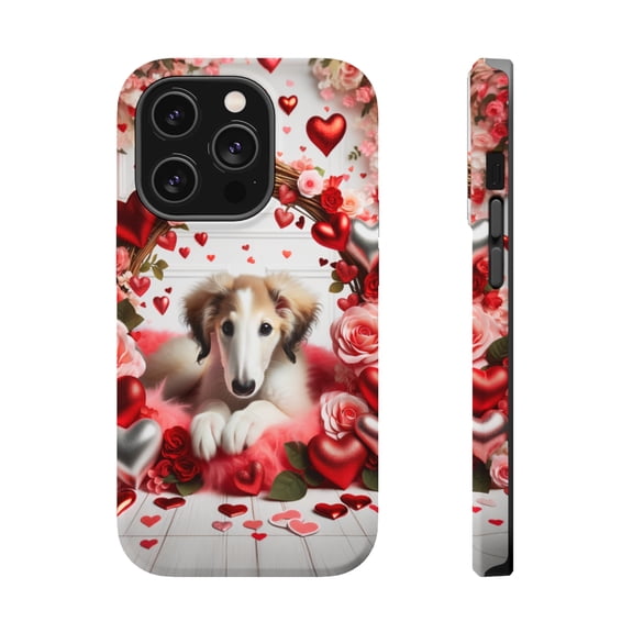 DistinctInk Tough Case for Apple iPhone 14 PRO (6.1" Screen), Compatible with MagSafe Charging - Valentine's Day Borzoi Puppy