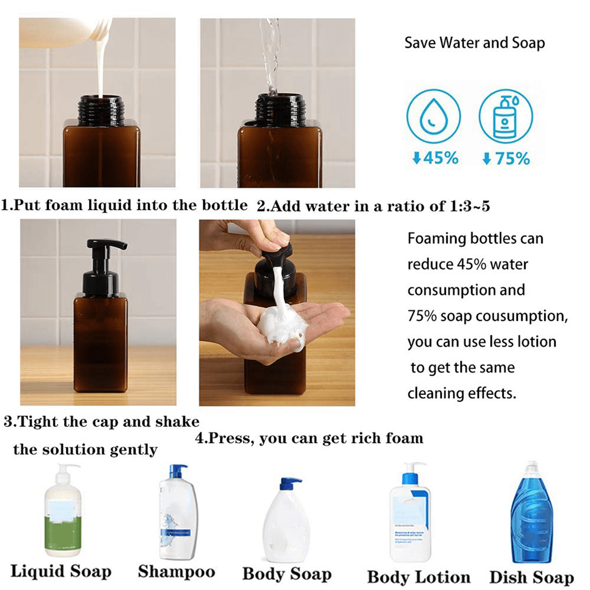 10 Pack Foaming Soap Dispenser 15Oz Refillable Foam Liquid Hand Soap Empty Plastic Pump Bottle Container - Brown 450Ml