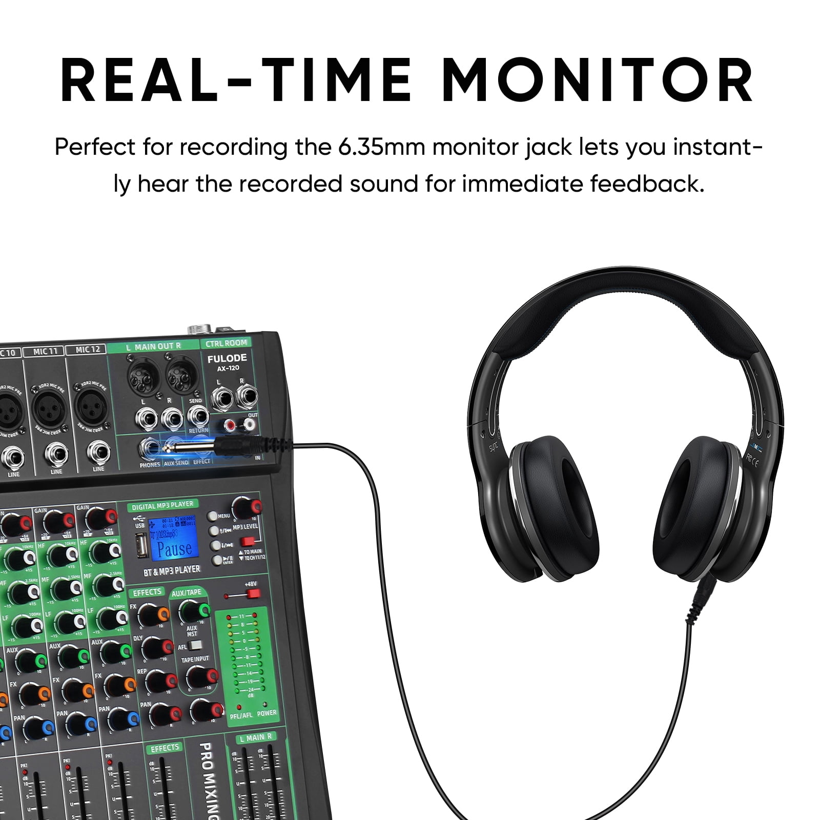 12 Channel Audio Mixer, Professional DJ Mixer Board Sound Music Mixing Console Digital Mixer with Reverb, Bluetooth, USB Port, 48V Phantom Power for Recording Karaoke Podcasting