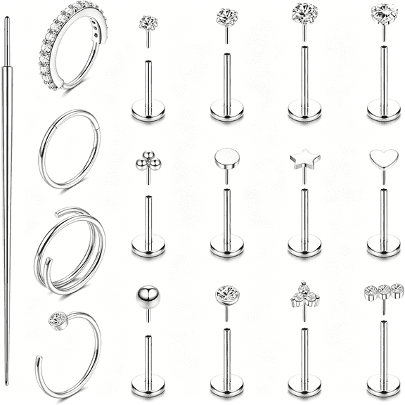 DESIGNICE 14K Gold Filled Nose Rings Studs Hoops for Women Men 20G 18G Hypoallergenic Surgical Steel Push in Threadless Flat Back Earrings Cz Helix Tragus Lip Cartilage Medusa