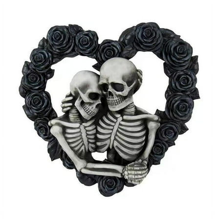 New Fashion Black Gothic Roses Garland Halloween Skeleton Wreath Heart-shaped Lovers Hugging Together Forever Skull For Halloween Decoration T0R0