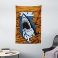 thumbnail image 1 of Shark Tapestry, Wild Fish Breaking Wooden Plank Danger Sign Killer Creature Fun Illustration, Wall Hanging for Bedroom Living Room Dorm Decor, 40W X 60L Inches, Ginger Dark Blue, by Ambesonne, 1 of 2
