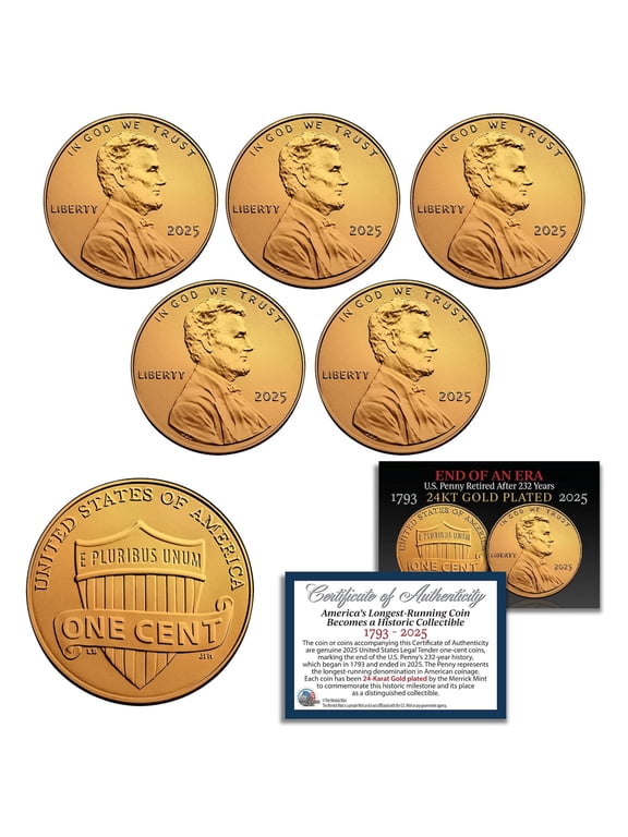 Collectible 2025 Dated Last Issue Penny Cent U.S. Coin Genuine 24K GOLD Plated, Lot of 5