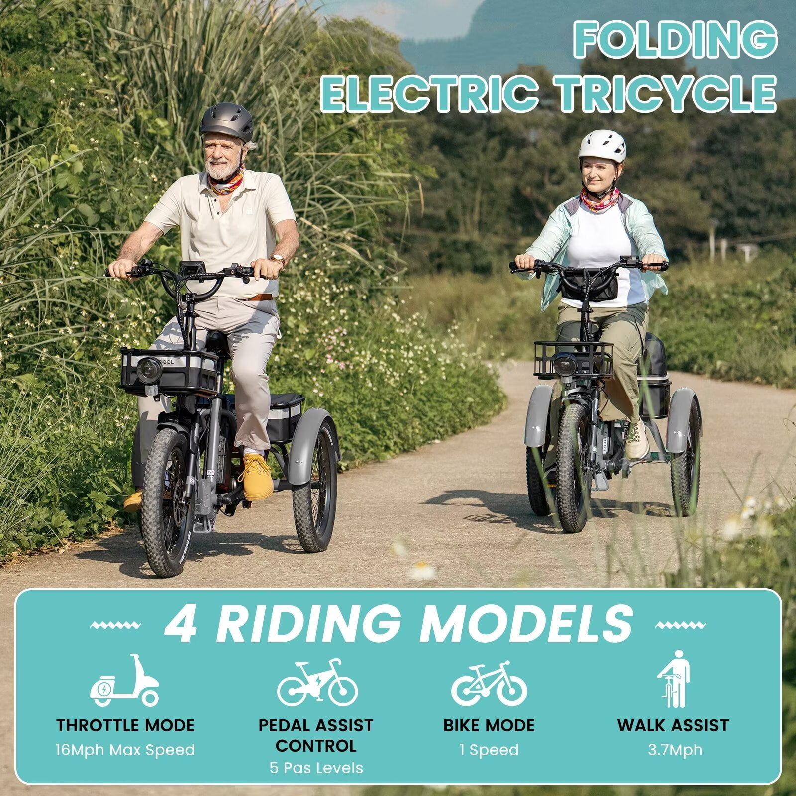 Lilypelle  Folding Electric Tricycle for Adults, Peak 1000W Motor 48V Foldable Ebike Electric Trike, 20" Fat Tire 3 Wheel Electric Bicycle with Front & Rear Baskets & Pet Carrier