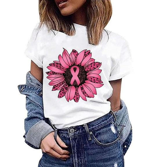 Lilgiuy Women Breast Cancer Awareness T Shirt Cancer Fighter Tees Trendy Soft Round Neck Short Sleeve Basic Tops Gifts for Her