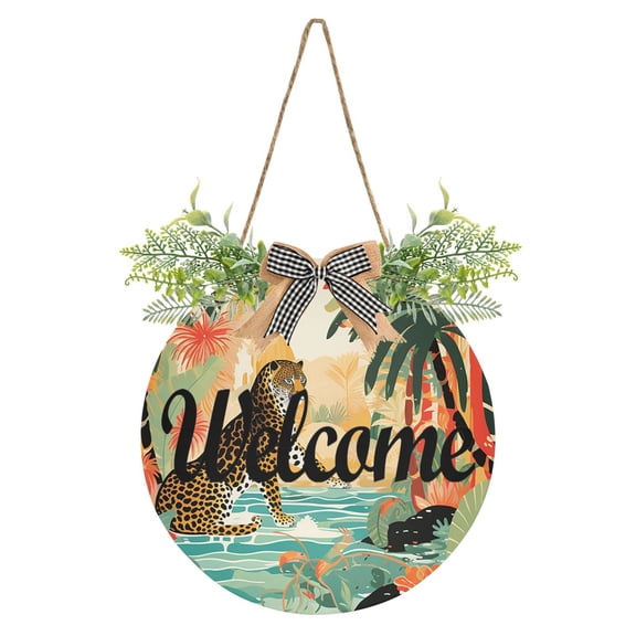 Leopard Cheetah Trees Lake Welcome Sign for Front Door Wreath Door Sign for Farmhouse Porch Decoration Indoor Outdoor