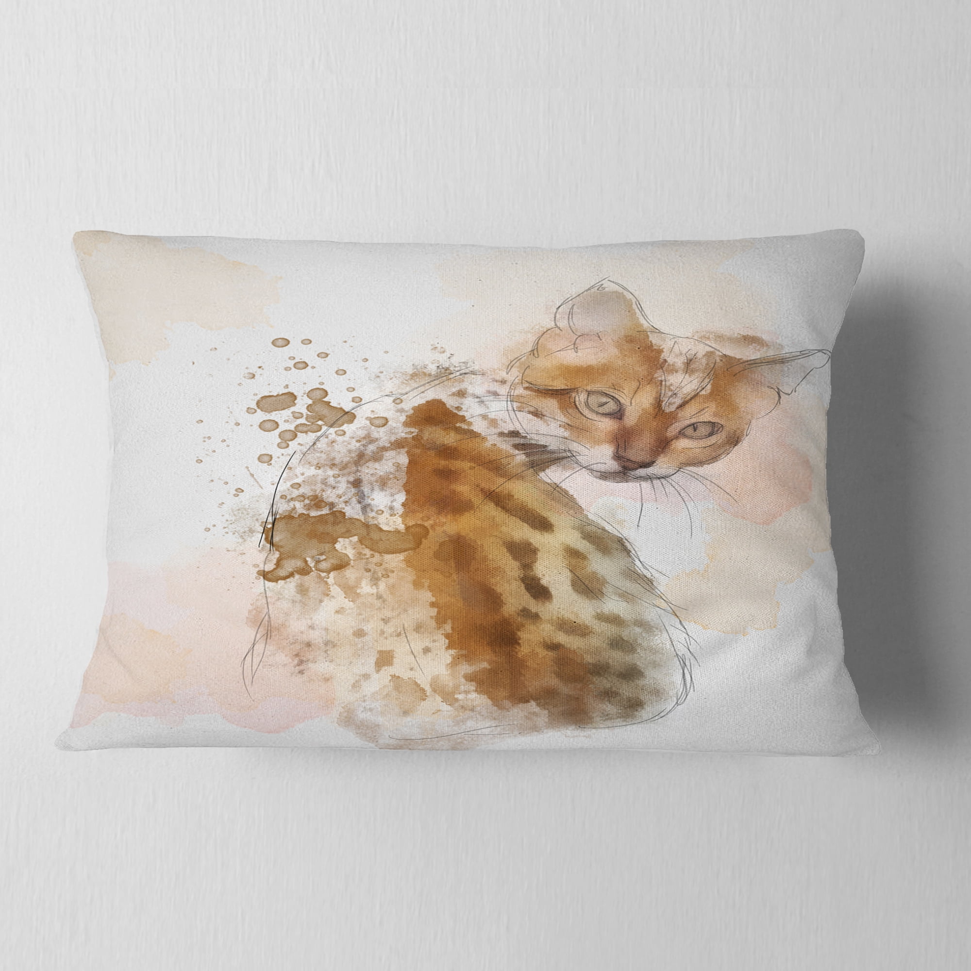 Designart Cute Cat Sketch with Brown Splashes - Animal Throw Pillow - 12x20