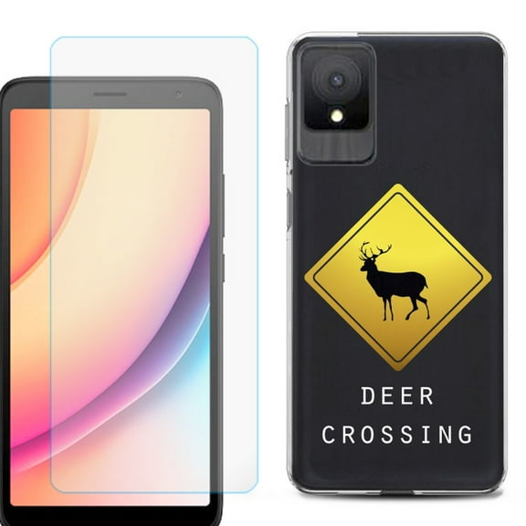 For TCL K11 Phone Case Cover, Shockproof Case with Tempered Glass Screen Protector, by OneToughShield - Road Sign Deer