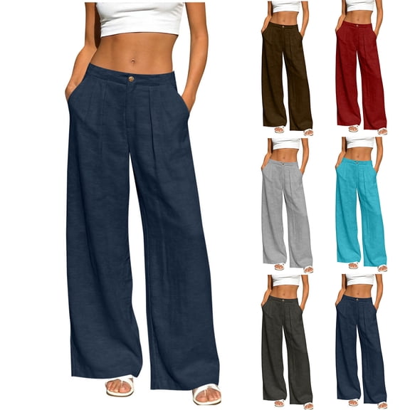 Jaunzuar Elastic Waist Pants for Women Button Zipper Cotton Linen Pants Breathable Casual Work Pants with Pockets L