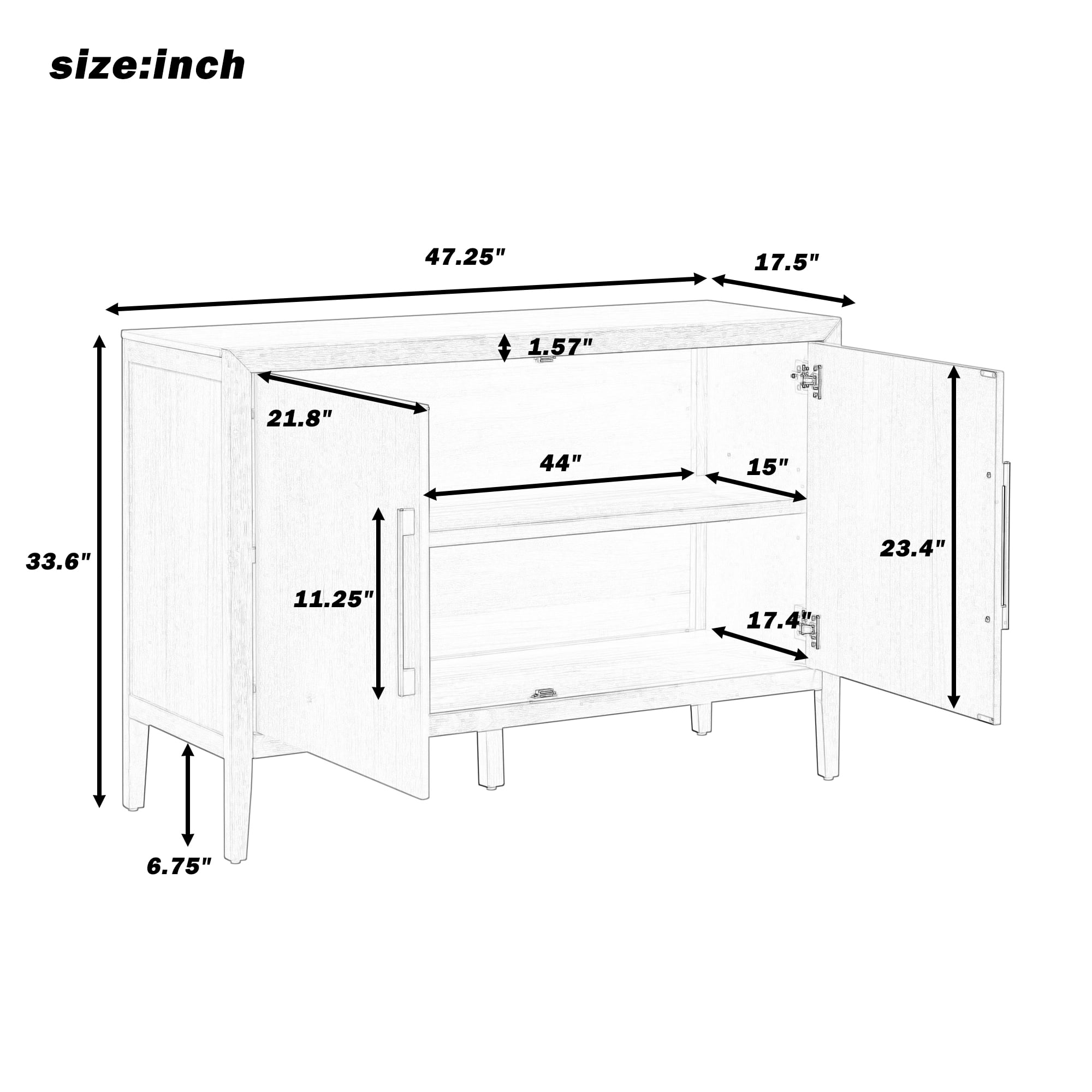 Mintazer 47.25" Farmhouse Sideboard with 2 Doors & Adjustable Feet, Wooden Storage Cabinet with Pine Veneer & Metal Handles for Entryway Living Room, Gray