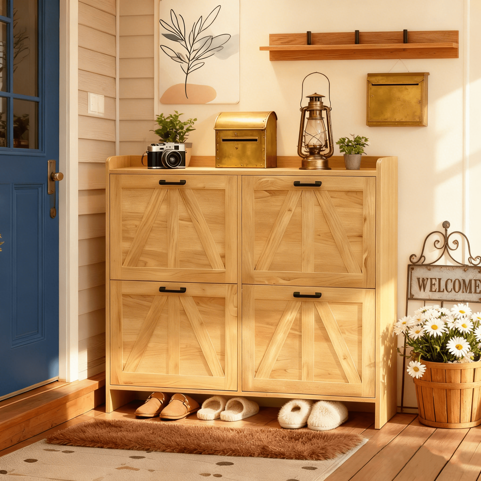 Leumius Modern Fence Shoe Cabinet with 4 Flip Drawers, Sleek Space-Saving Entryway Organizer for Living Room Oak