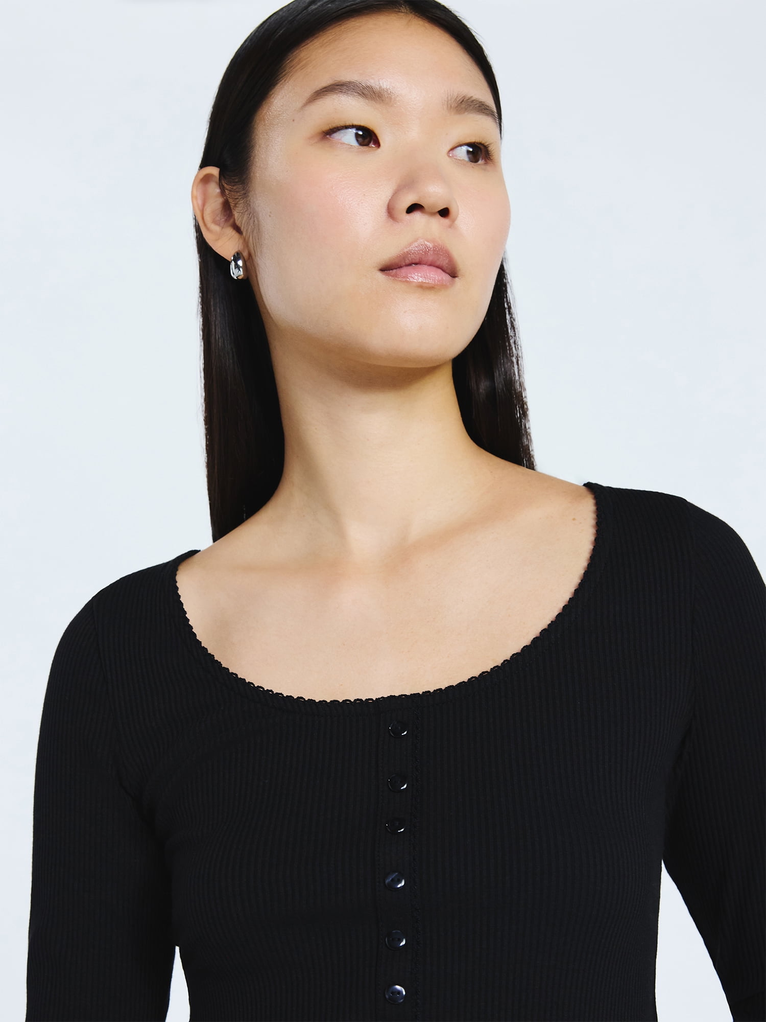 Scoop Women’s Lace Trim Scoop Neck Ribbed Tee with Long Sleeves, Sizes XS-XXL