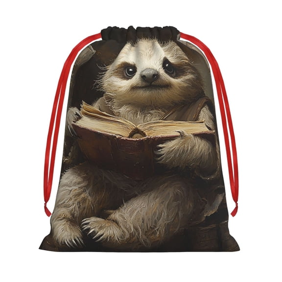Sloth Bookshelf Books Vintage Drawstring Gift Bag Soft Pouch Reusable Favor Bags for Christmas, Halloween, Candy, Wedding, Birthday