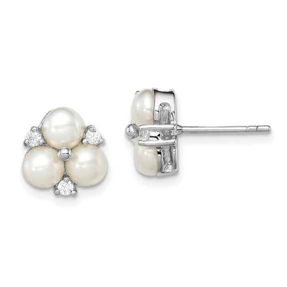 Sterling Silver 5-6mm White Freshwater Cultured 3-Pearl CZ Post Earrings