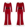 thumbnail image 7 of Santa Claus Costume Womens Christmas Jumpsuit Faux Fur Trim Belted Bell-Bottom Santa Outfit with Hat, 7 of 7