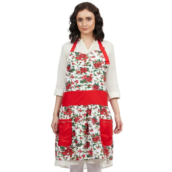In-Sattva Home 100% Pure Cotton Bohemian Print Adjustable Women's Bib Apron with Pockets; Red