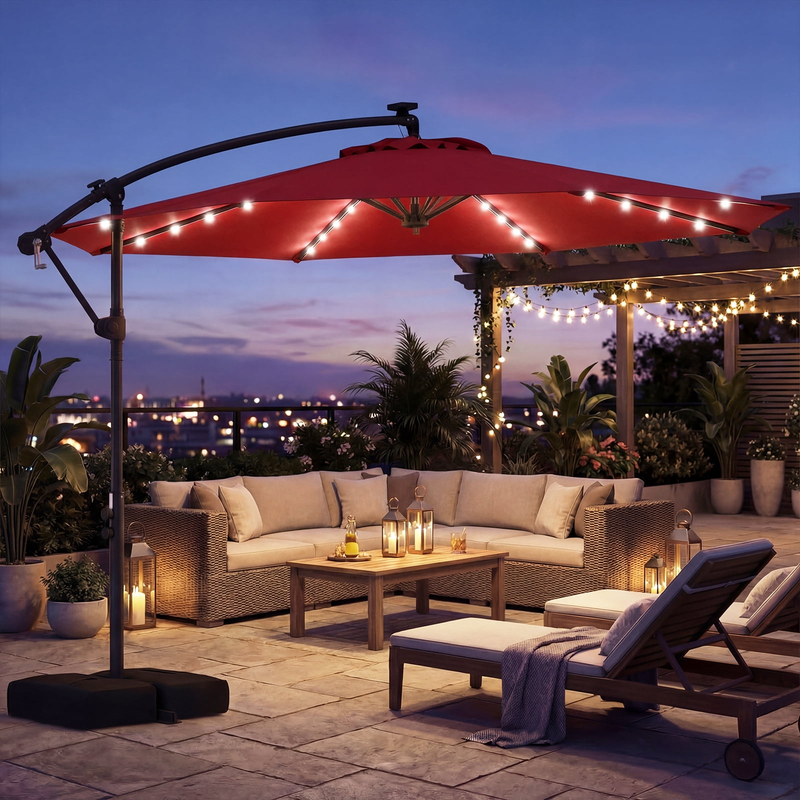 Costway 10 FT Solar Offset Hanging Umbrella Patio Cantilever Umbrella with 32 LED Lights Red