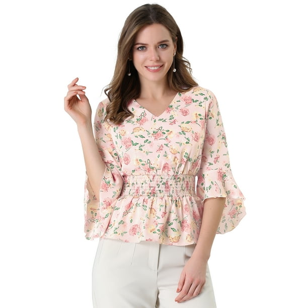 Allegra K Women's Chiffon Floral Blouse V-neck Flare Sleeve Spring Smock  Waist Top