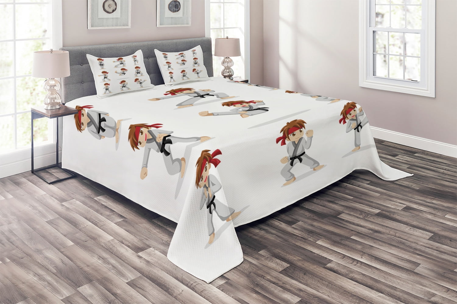 Karate Coverlet, Martial Arts Performer Boy Cartoon in Various Fight
