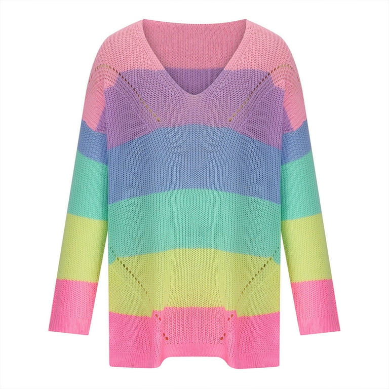 Women's V-Neck Off The Shoulder Sweaters Color Block Long Sleeve Oversized Knit Pullover Sweater Loose Fitted Side Split Jumper Tops Women's V-Neck Off The Shoulder Sweaters Color Block Long Sleeve Oversized Knit Pullover Sweater Loose Fitted Side Split Jumper Tops