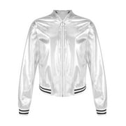Raenseen Kids Girls Boys Shiny Metallic Hip Hop Jazz Dance Bomber Jacket Holographic Coat Disco Party Outerwear Silver 10