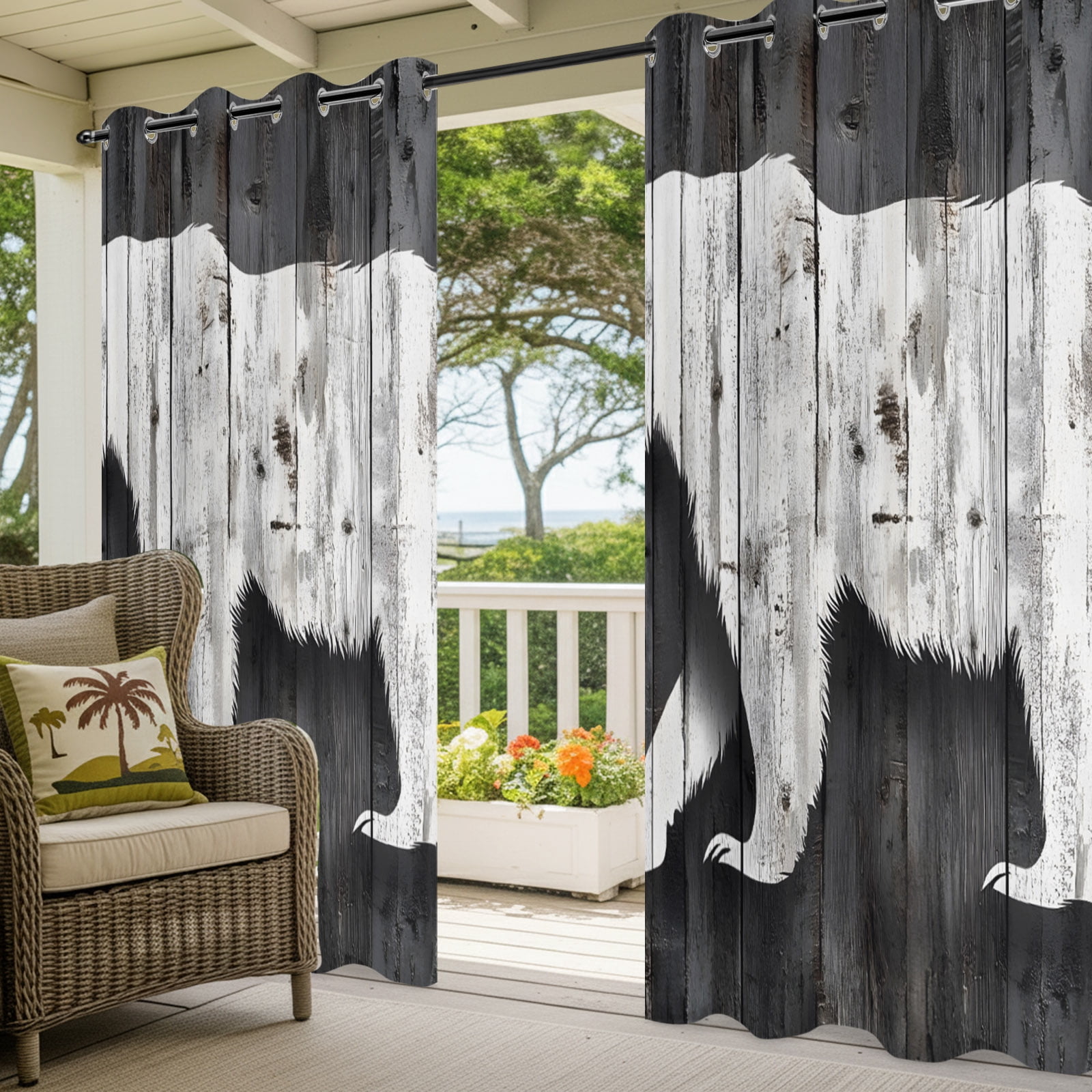 Outdoor Curtains for Patio Waterproof, Vintage Bear Windproof Pravicy Outside Porch Blackout Curtain, Retro Farmhouse Country Wooden Grain Sun Blocking Grommets Curtains for Cabana Gazebo 54"x108"