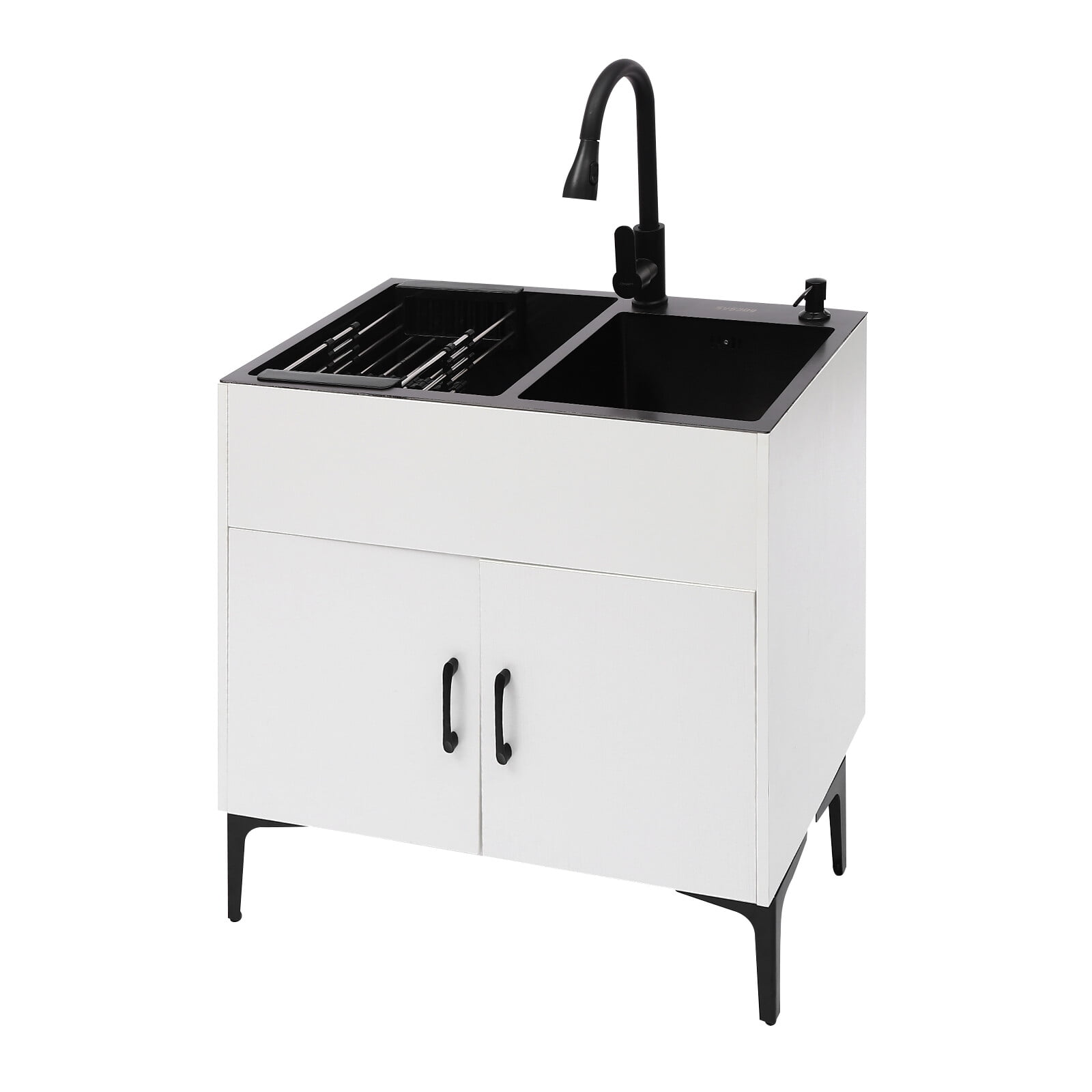 Pull-Out Sprayer Faucet Utility Sink & Stainless Steel Laundry Sink with Cabinet