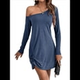 thumbnail image 3 of Vestido Mini Túnica de un Solo Hombro para Mujer, Larga, Liso, con Dobladillo Torcido, Elegante, Informal, Holgado, para y Verano. Azul S, 3 of 9
