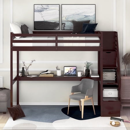 CITYLE Loft Bed with Desk  Twin Size Loft Wooden Bed with Staircase for Bedroom  Twin Size Loft Bed Frame with Safety Guard Rails  Wooden Twin Loft Bed Frame  Loft Bed for Kids  Adults  Espresso