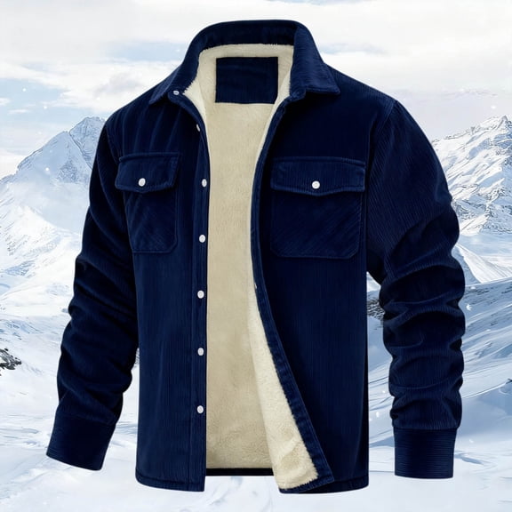 Mens Corduroy Jacket Lined Trucker Coat (Navy L)
