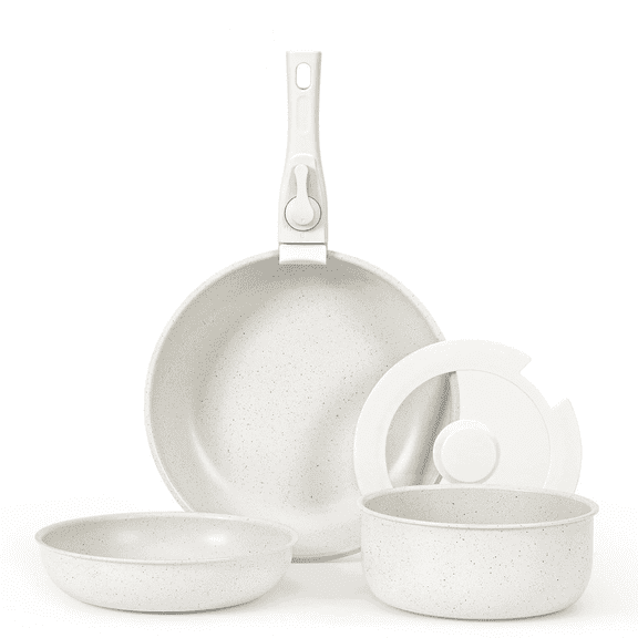 5-Piece White Nonstick Cookware Set for Induction & RV – Ceramic Coating, Detachable Handle, Pots and Pans Set for Healthy Cooking