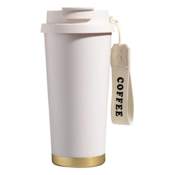 Vaso térmico de acero inoxidable 304 de 500 ml con pajita. Taza de viaje portátil con aislamiento al vacío para bebidas frías y calientes. Taza de café reutilizable con tapa abatible y correa de
