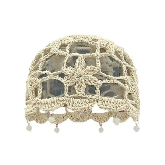 Boho Knit Beanie Hat for Women Summer Crochet Hollow Out Cap with Pearl Pendant