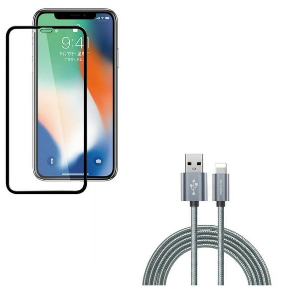 Screen Protector w 6ft USB Cable for iPhone XR - Anti-Glare Tempered Glass Matte 3D, Charger Cord Power Wire Braided