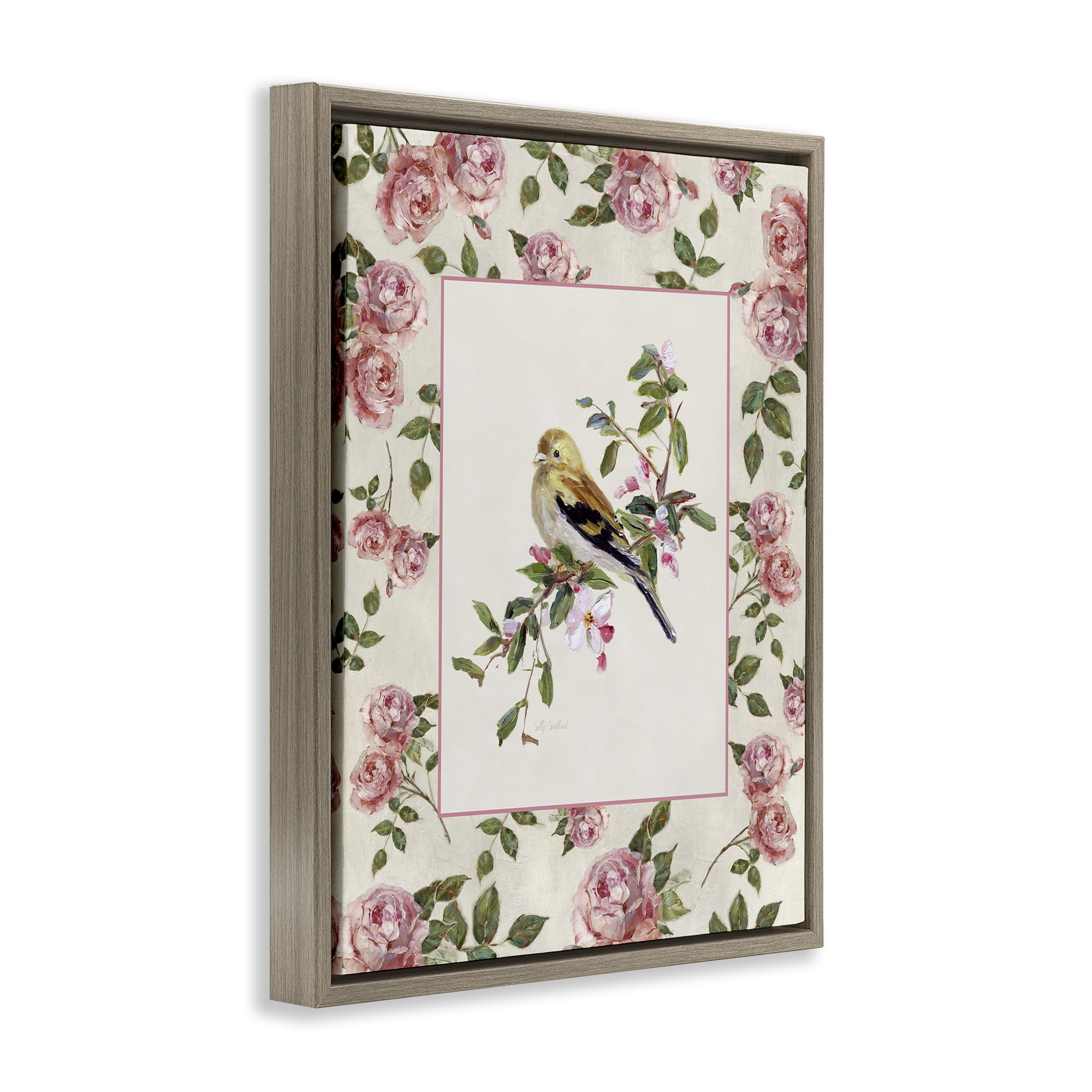 Stupell Industries Perched Bird with Dainty Roses Brown Framed Floater Canvas Wall Art, design by Sally Swatland
