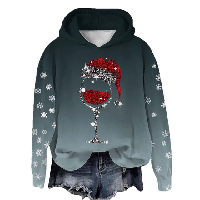 WEAIXIMIUNG Chandails en Molleton d'Automne Graphiques pour Femmes Automne et Hiver Noël Rouge Verre Imprimé Col Rond Manches Longues Chandail à Capuchon Sport Décontracté (1)
