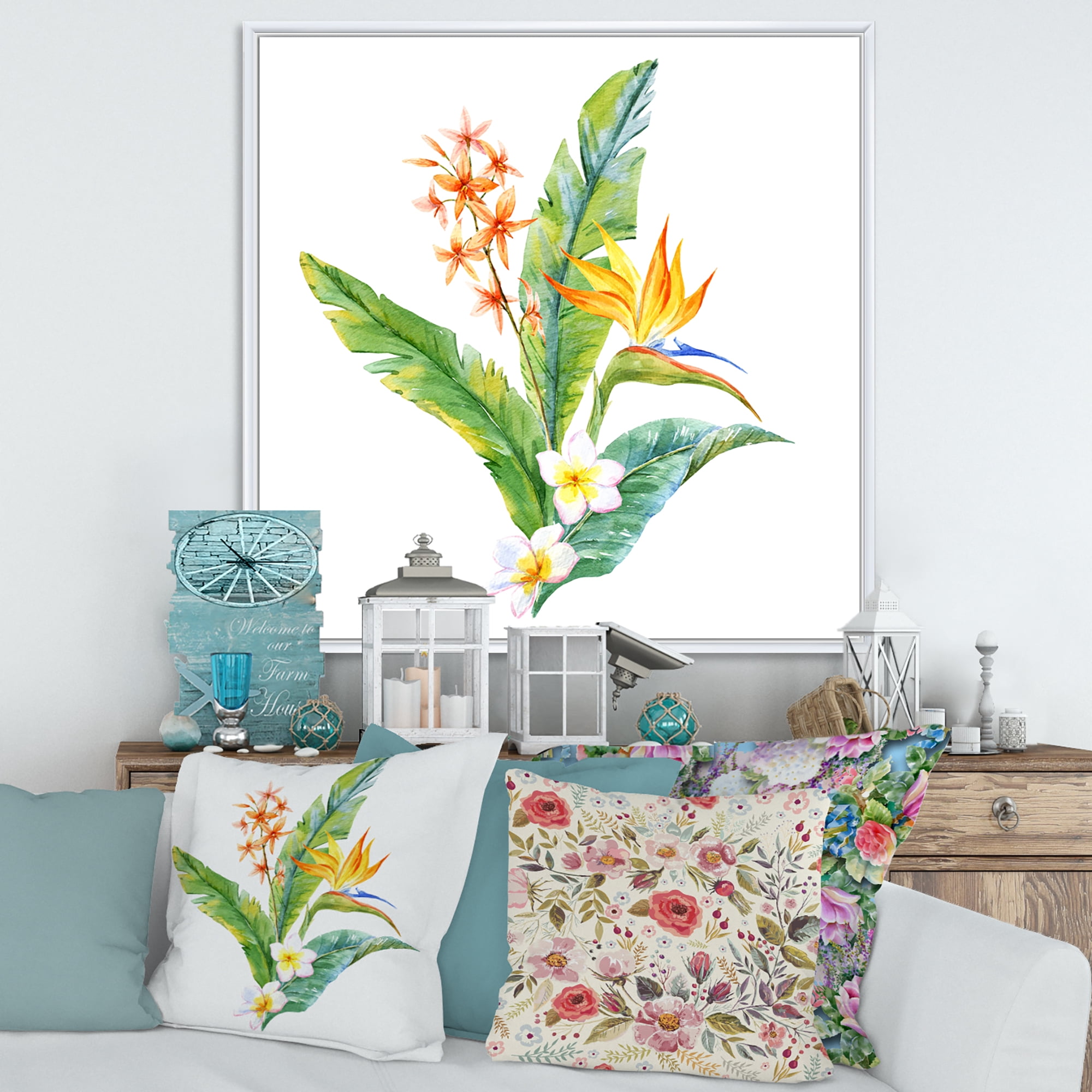 Designart 'Green Leaves With Tropical Yellow Flowers I' Traditional Framed Canvas Wall Art Print