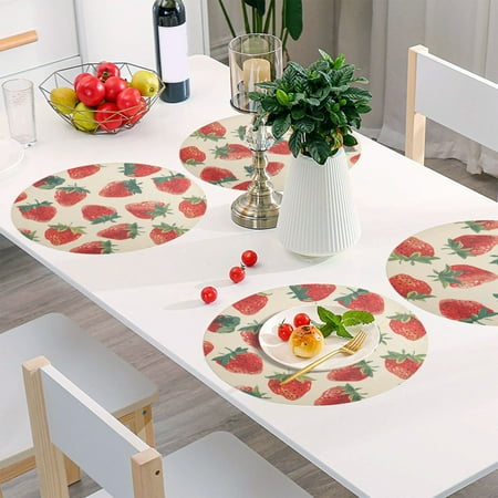 

Round Grid Placemat One Sizex4 Round Placemat PVC Plate Mat，15.4 Inch Non-Slip and Heat Resistant Table Placemat Dining Room Placemat Red Strawberry