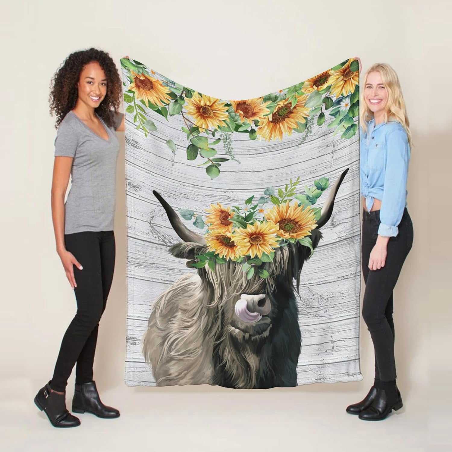 Sunflower Highland Cow Blanket Animals Flowers Cow Flannel Throw Blanket Soft Cozy Fleece Plush Warm Flannel Bedding Blanket for Kids Girls Boys 40x50inch