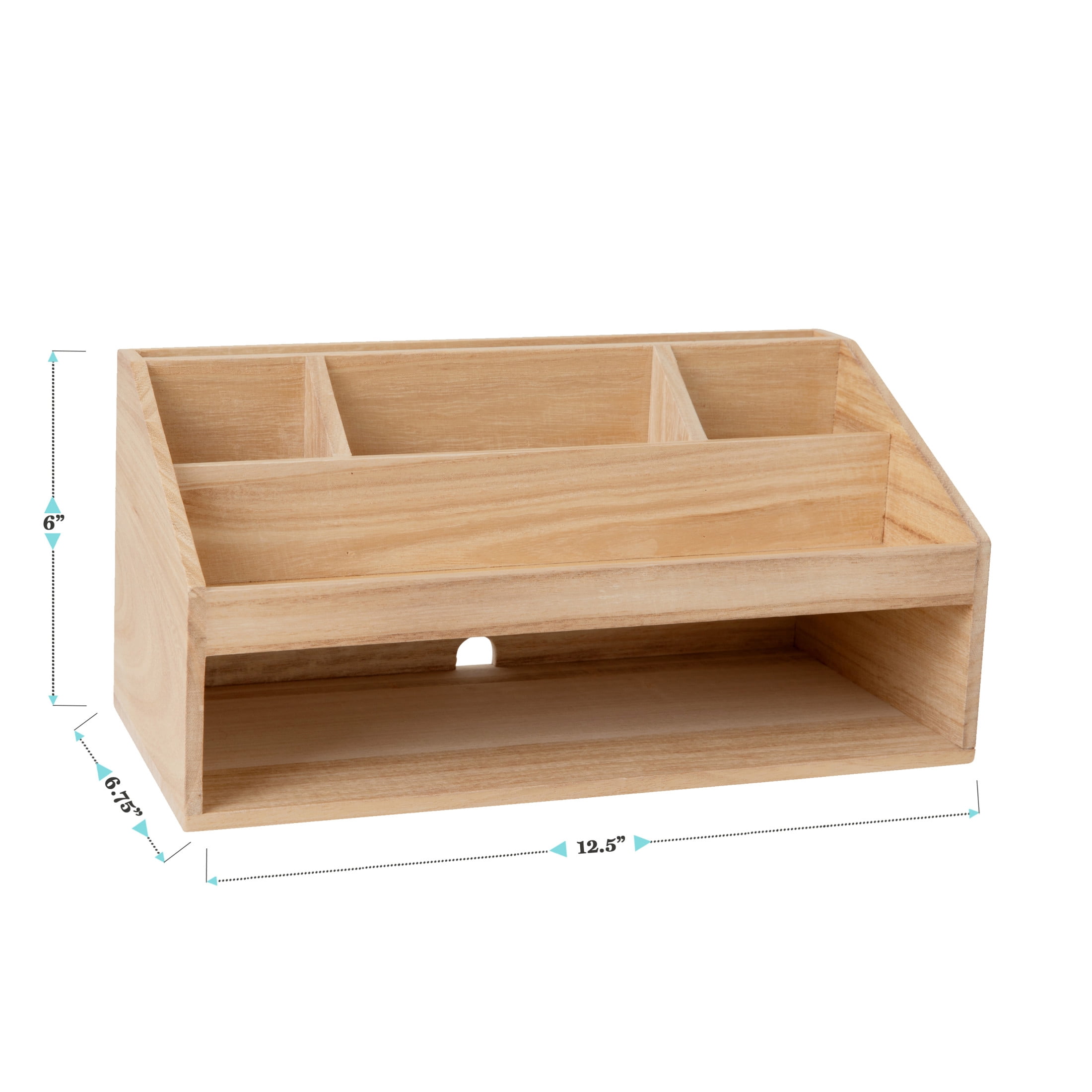 Martha Stewart Weston Wooden Desktop Organizer with Open Lower Storage Compartment, Paulownia Wood Multipurpose Storage Caddy, Light Natural