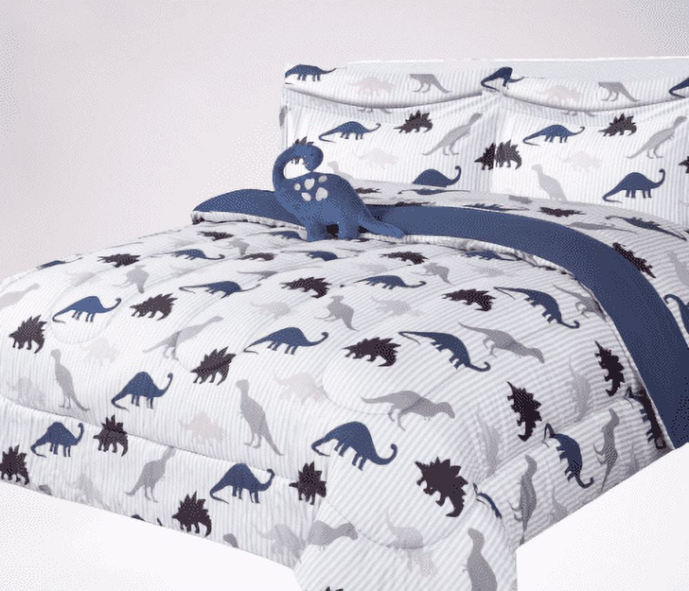 Comforter set matching fitted sheet set and pillow sham plushie toy twin size dinosaur white bag print design supersoft for girls, boys bedroom décor
