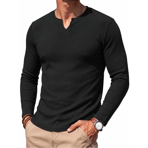 RICHCOIN Men's V Neck Long Sleeve Shirts Slim Fit Basic T Shirts Ribbed Fashion Tee