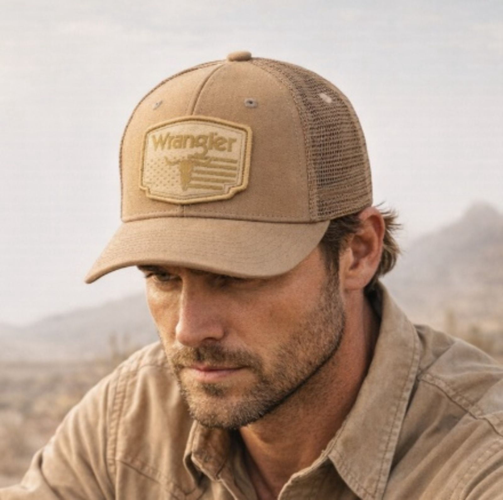 Wrangler Khaki Trucker Cap with Mesh Back and Snapback Closure