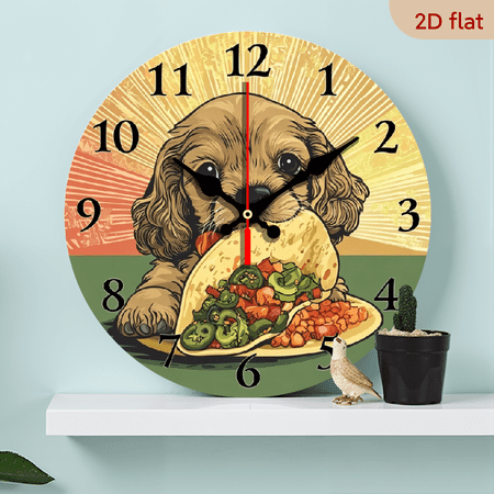 A 10-inch 2D flat wooden round wall clock, themed puppy taco, suitable for bedroom, living room, office decoration. A perfect gift for various festivals.