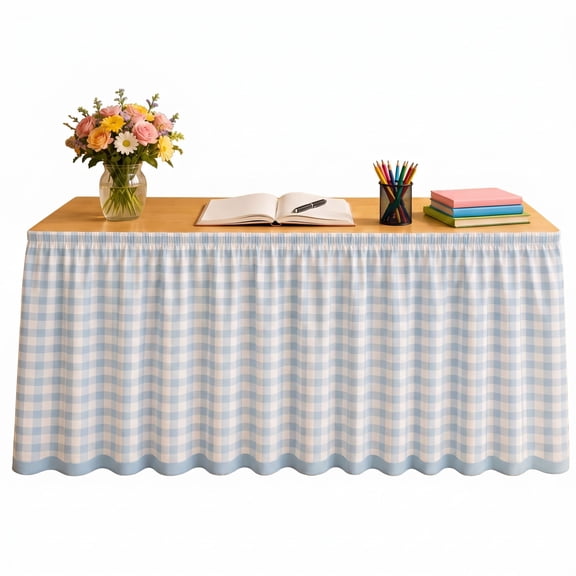 Gingham Table Skirt,Ruffled Hook and Loop, for Teacher Desk,Fabric Rustic Detachable Desk Cover Skirt for Back to School Classroom Supplies, Dorm, Weddings, Parties