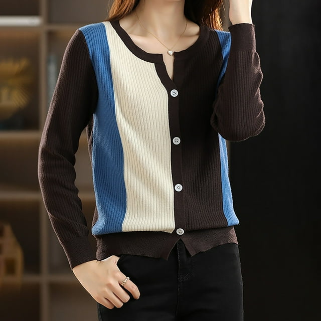 TINZ Color Blocked Ribbed Round Neck Cardigan Women plus Sweaters Long Knitted Sweaters for Women Cabin Sweaters for Women