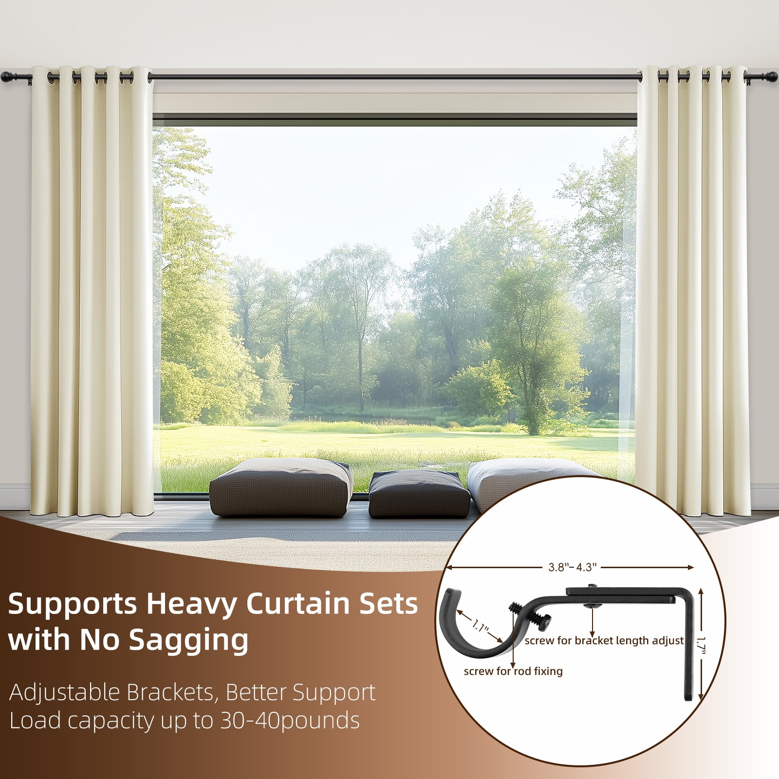 1" Adjustable Curtain Rod, 32"-120" Heavy Duty Black Curtain Rod with Classic Ball Finials,Ceiling Mounted Indoor/Outdoor Curtain Rods