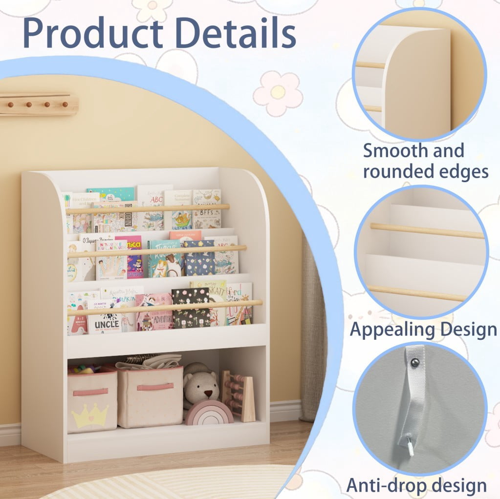 Kids Bookshelf with Open Storage, 3-Tier Front-Facing Children's Bookcase with Bottom Toy Compartment, Wooden Book Display Shelf for Toddlers, Nursery, Playroom & Bedroom, White