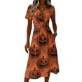 thumbnail image 4 of Womens Halloween Midi Dresses Pumpkin Bat Short Sleeve Spooky Dress V Neck Funny Causal Dresses, 2XL, 4 of 5